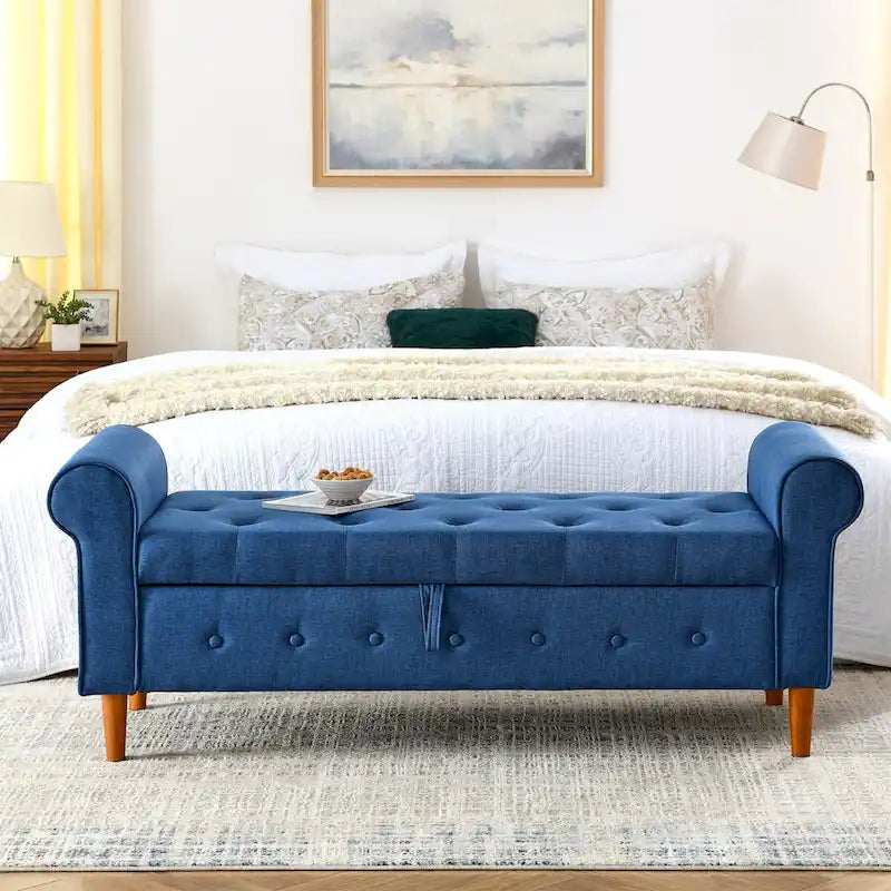 62 Bedroom Tufted Button Storage Bench, Modern Fabric Upholstered Ottoman, Window Bench, Rolled Arm Design for Bedroom