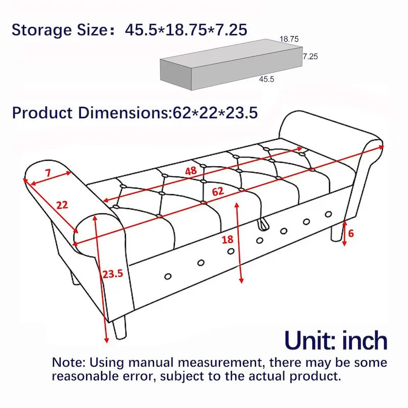 Banc de rangement capitonné pour chambre à coucher