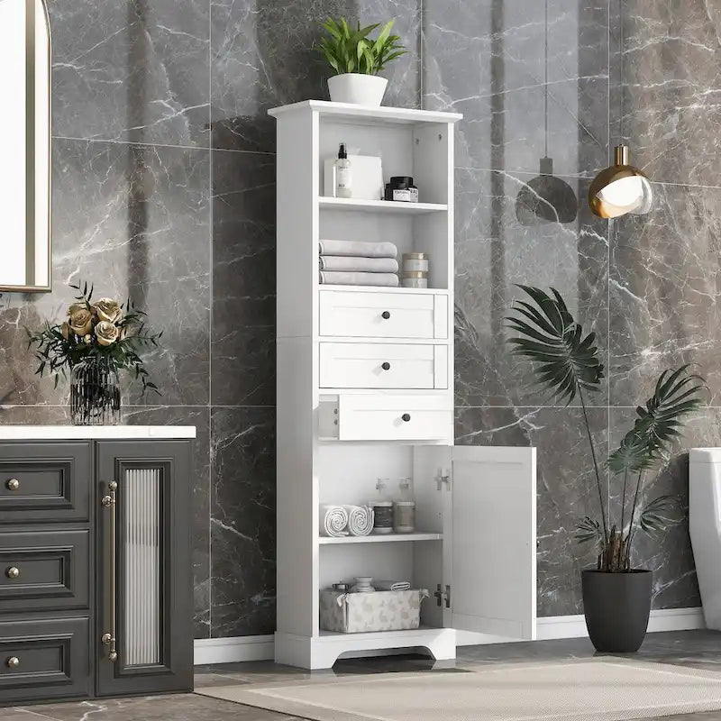 Armoire de rangement haute avec 3 tiroirs et des étagères réglables