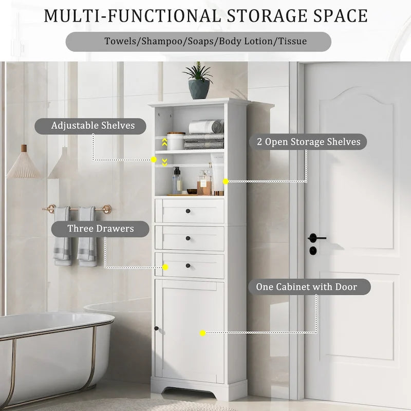 Armoire de rangement haute avec 3 tiroirs et des étagères réglables