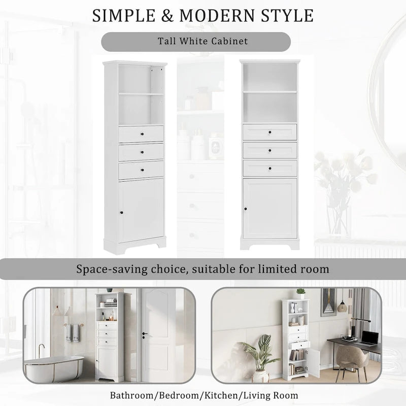 Armoire de rangement haute avec 3 tiroirs et des étagères réglables